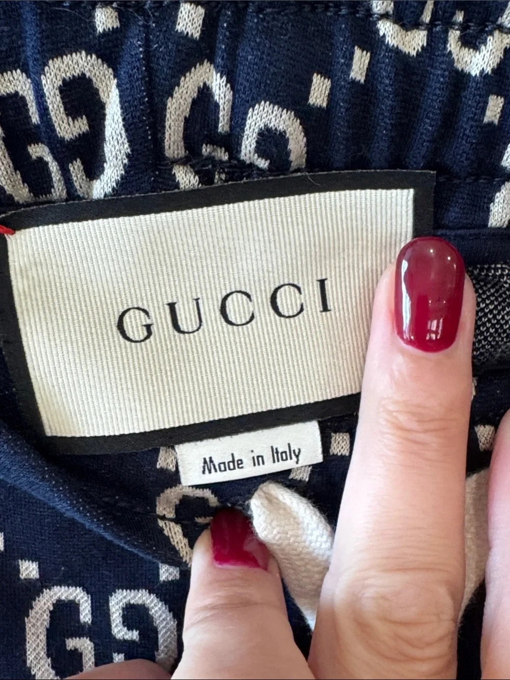 Gucci Navy GG Monogram Joggers with Red Side Stripes